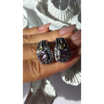 925 Sterling Silver Amethyst & Amber Clip Earrings