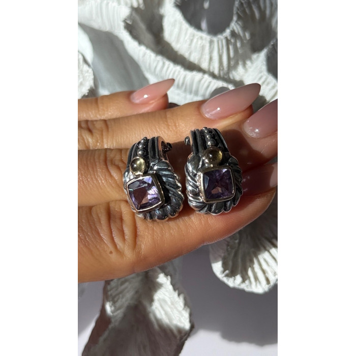 925 Sterling Silver Amethyst & Amber Clip Earrings