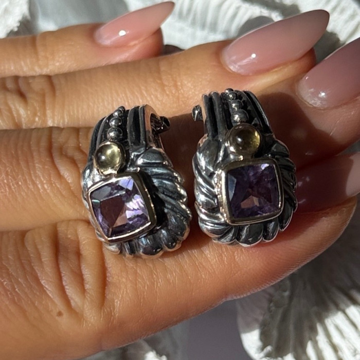 925 Sterling Silver Amethyst & Amber Clip Earrings