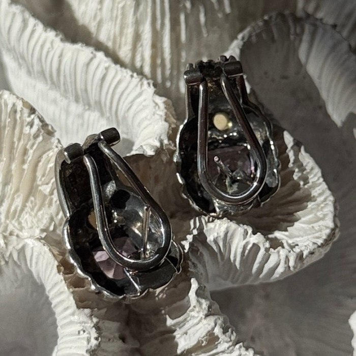 925 Sterling Silver Amethyst & Amber Clip Earrings