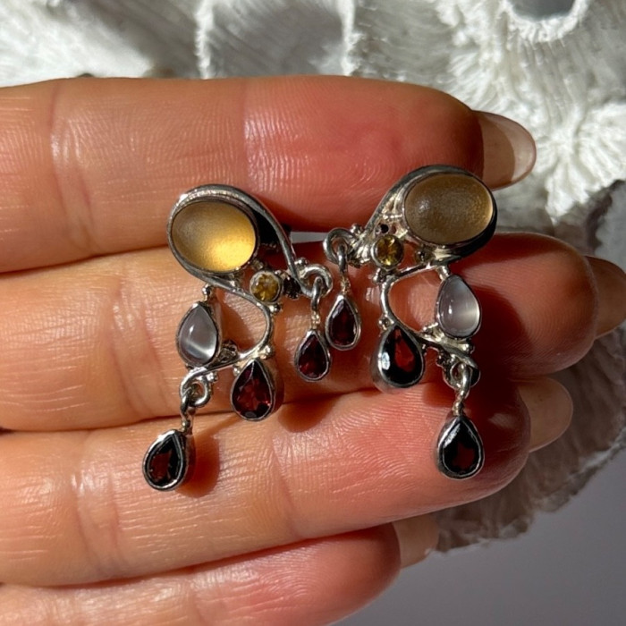 Vintage 925 Sterling Silver Multi Color Gemstones Earrings