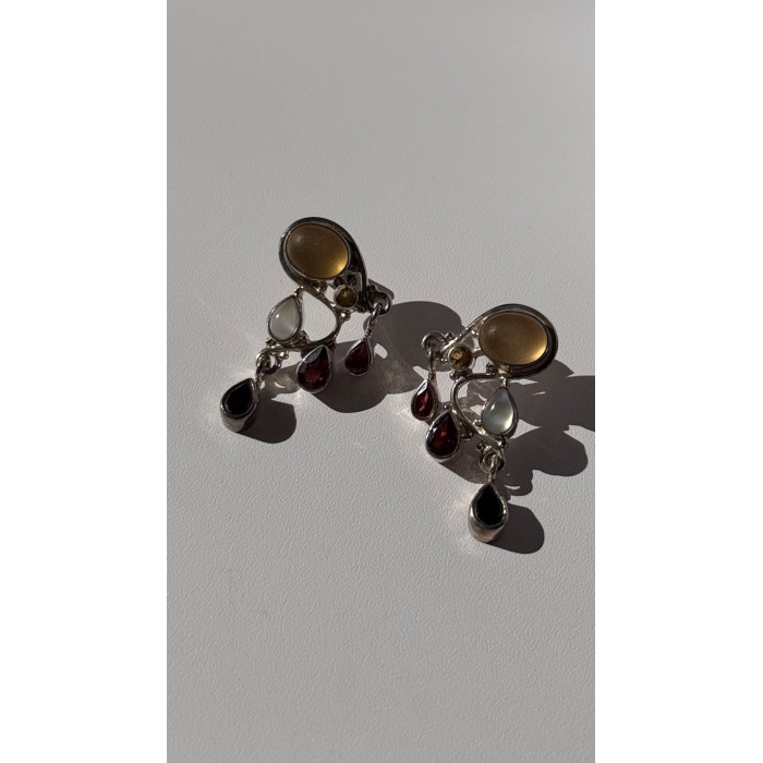 Vintage 925 Sterling Silver Multi Color Gemstones Earrings