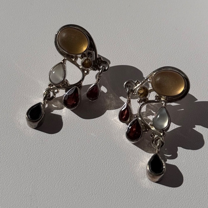 Vintage 925 Sterling Silver Multi Color Gemstones Earrings