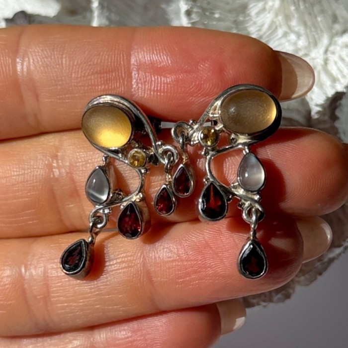 Vintage 925 Sterling Silver Multi Color Gemstones Earrings