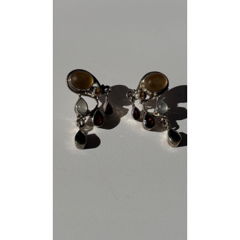 Vintage 925 Sterling Silver Multi Color Gemstones Earrings