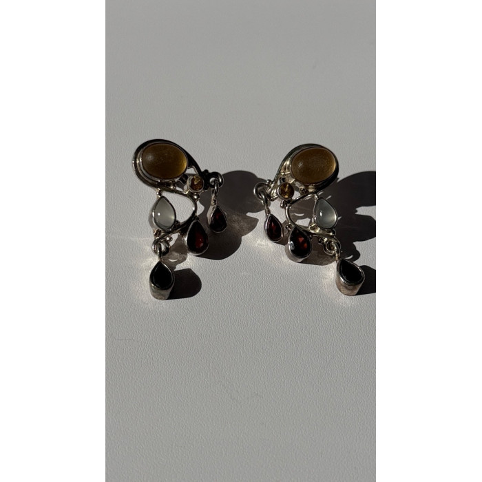 Vintage 925 Sterling Silver Multi Color Gemstones Earrings
