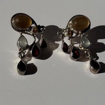 Vintage 925 Sterling Silver Multi Color Gemstones Earrings