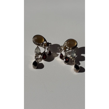 Vintage 925 Sterling Silver Multi Color Gemstones Earrings