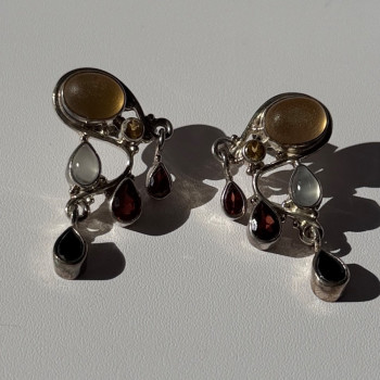 Vintage 925 Sterling Silver Multi Color Gemstones Earrings