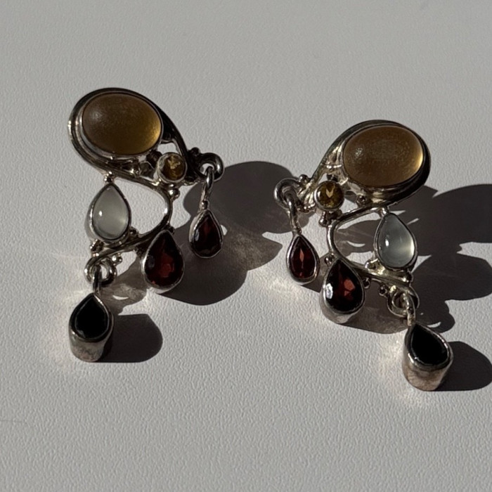 Vintage 925 Sterling Silver Multi Color Gemstones Earrings