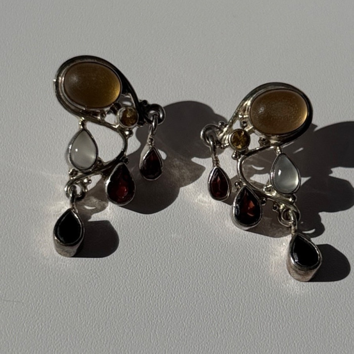 Vintage 925 Sterling Silver Multi Color Gemstones Earrings