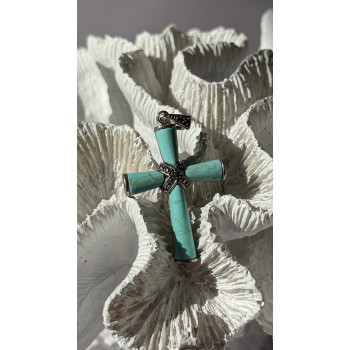 925 Sterling Silver Turquoise & Marcasite Pendant Cross
