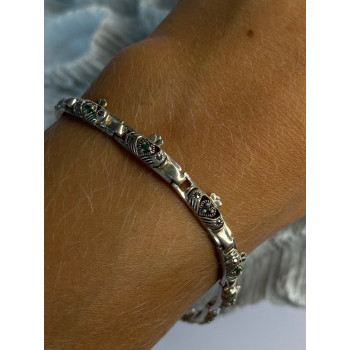 Vintage 925 Sterling Silver Heart Emerald & Marcasite Bracelet Length 7