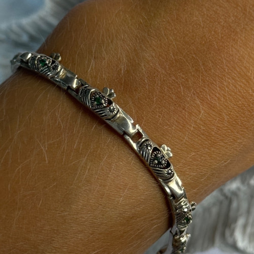 Vintage 925 Sterling Silver Heart Emerald & Marcasite Bracelet Length 7