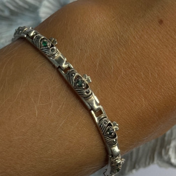 Vintage 925 Sterling Silver Heart Emerald & Marcasite Bracelet Length 7