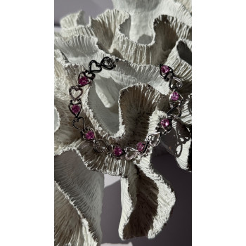 925 Sterling Silver Pink Sapphire Heart Bracelet Length 7.5