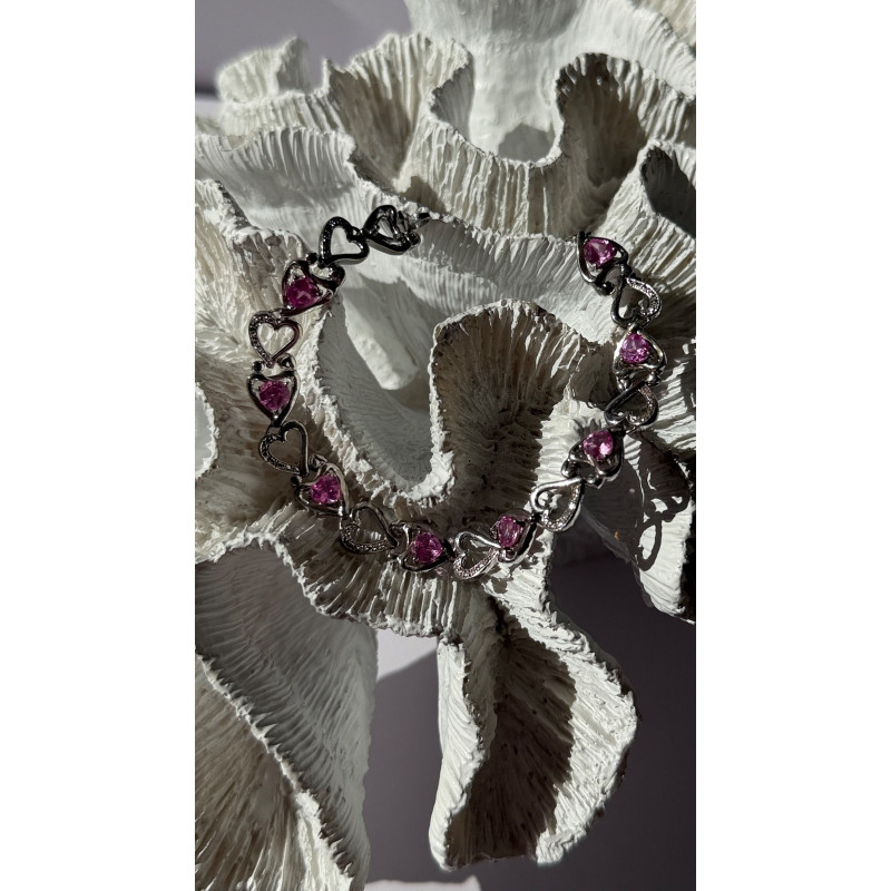 925 Sterling Silver Pink Sapphire Heart Bracelet Length 7.5