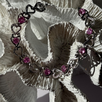 925 Sterling Silver Pink Sapphire Heart Bracelet Length 7.5