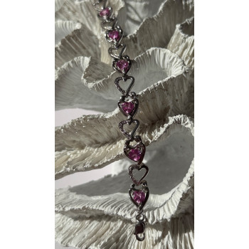 925 Sterling Silver Pink Sapphire Heart Bracelet Length 7.5