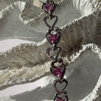 925 Sterling Silver Pink Sapphire Heart Bracelet Length 7.5