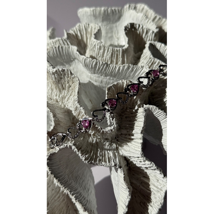 925 Sterling Silver Pink Sapphire Heart Bracelet Length 7.5