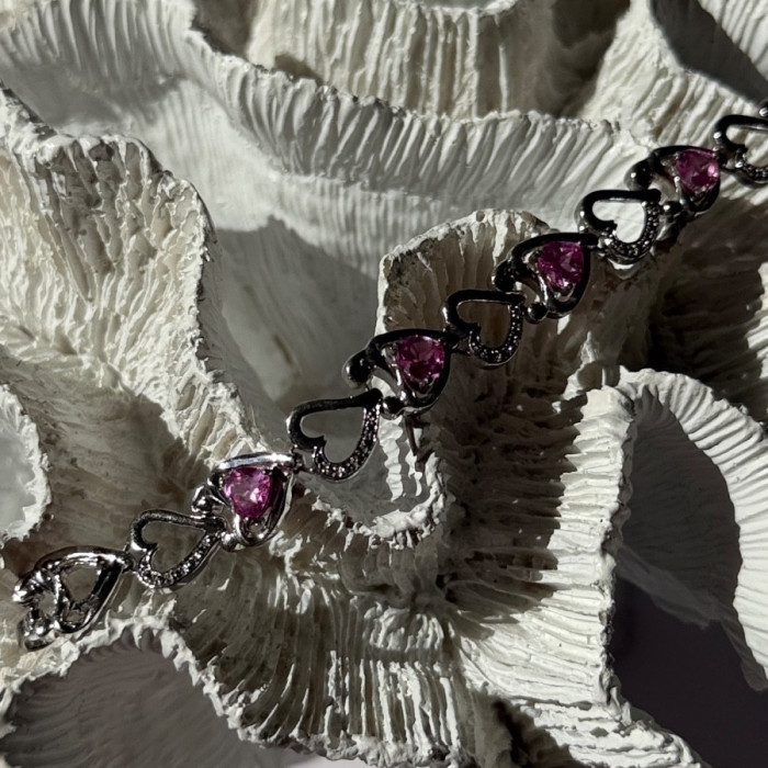 925 Sterling Silver Pink Sapphire Heart Bracelet Length 7.5
