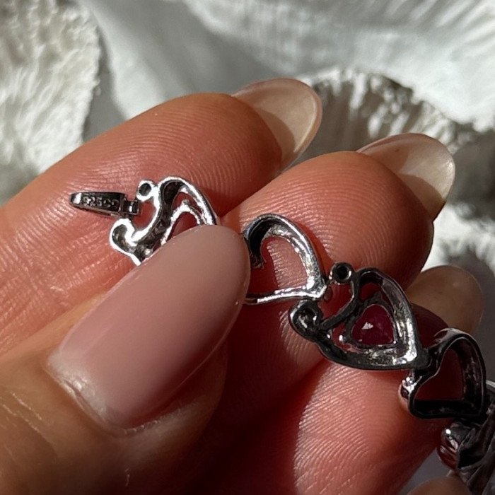 925 Sterling Silver Pink Sapphire Heart Bracelet Length 7.5