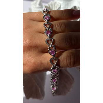 925 Sterling Silver Pink Sapphire Heart Bracelet Length 7.5