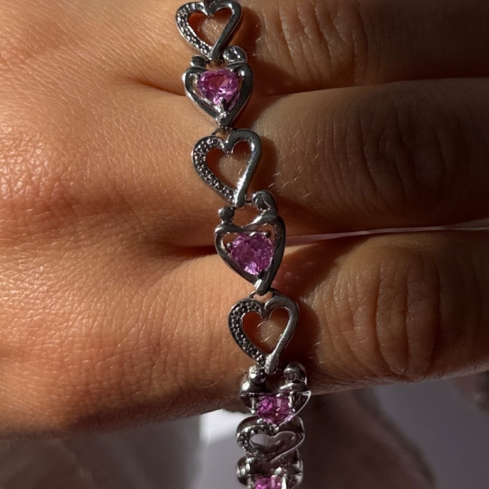 925 Sterling Silver Pink Sapphire Heart Bracelet Length 7.5