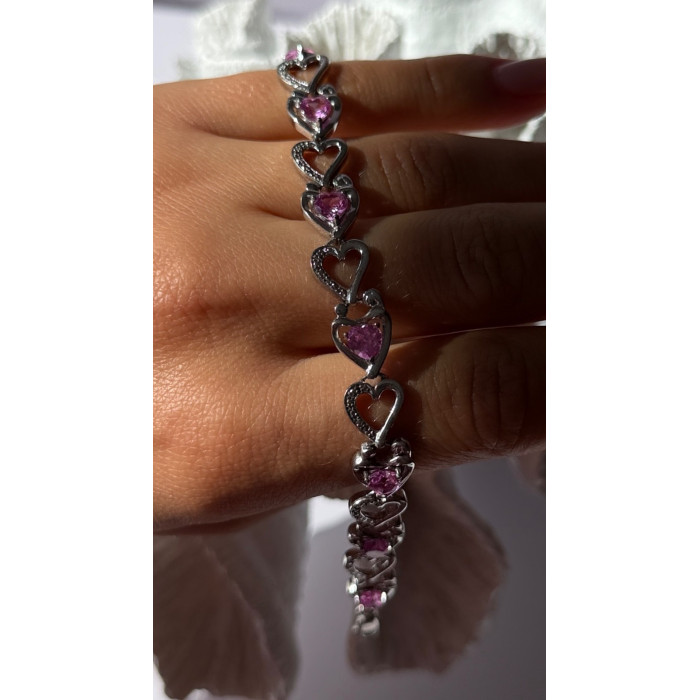 925 Sterling Silver Pink Sapphire Heart Bracelet Length 7.5