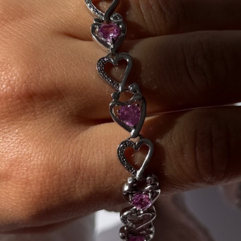 925 Sterling Silver Pink Sapphire Heart Bracelet Length 7.5