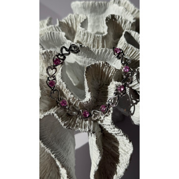 925 Sterling Silver Pink Sapphire Heart Bracelet Length 7.5