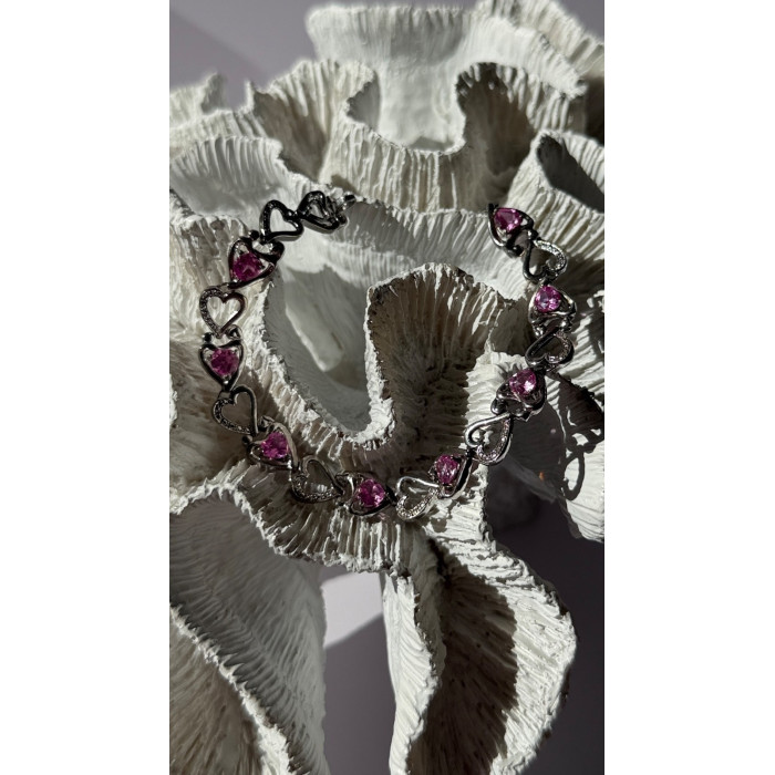 925 Sterling Silver Pink Sapphire Heart Bracelet Length 7.5