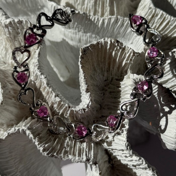 925 Sterling Silver Pink Sapphire Heart Bracelet Length 7.5