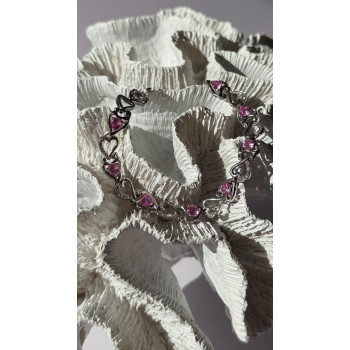 925 Sterling Silver Pink Sapphire Heart Bracelet Length 7.5