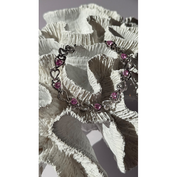 925 Sterling Silver Pink Sapphire Heart Bracelet Length 7.5