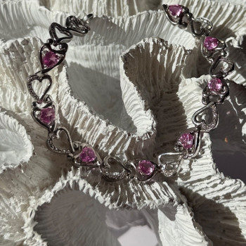 925 Sterling Silver Pink Sapphire Heart Bracelet Length 7.5