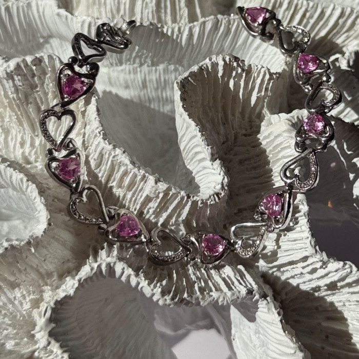 925 Sterling Silver Pink Sapphire Heart Bracelet Length 7.5