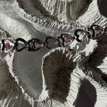 925 Sterling Silver Pink Sapphire Heart Bracelet Length 7.5
