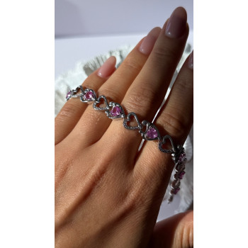 925 Sterling Silver Pink Sapphire Heart Bracelet Length 7.5