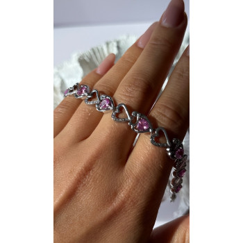 925 Sterling Silver Pink Sapphire Heart Bracelet Length 7.5