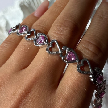 925 Sterling Silver Pink Sapphire Heart Bracelet Length 7.5