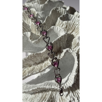 925 Sterling Silver Pink Sapphire Heart Bracelet Length 7.5
