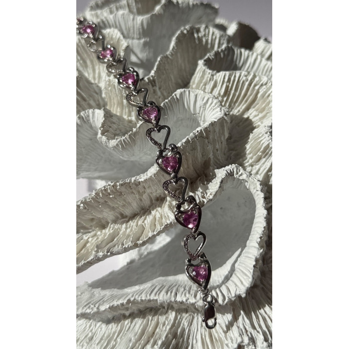 925 Sterling Silver Pink Sapphire Heart Bracelet Length 7.5