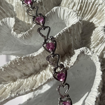 925 Sterling Silver Pink Sapphire Heart Bracelet Length 7.5