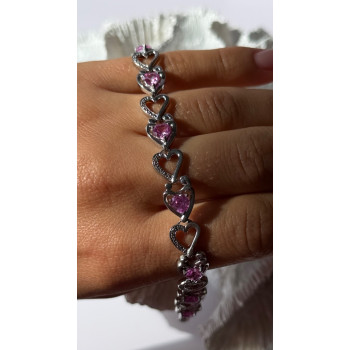 925 Sterling Silver Pink Sapphire Heart Bracelet Length 7.5
