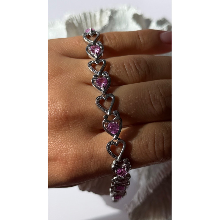 925 Sterling Silver Pink Sapphire Heart Bracelet Length 7.5