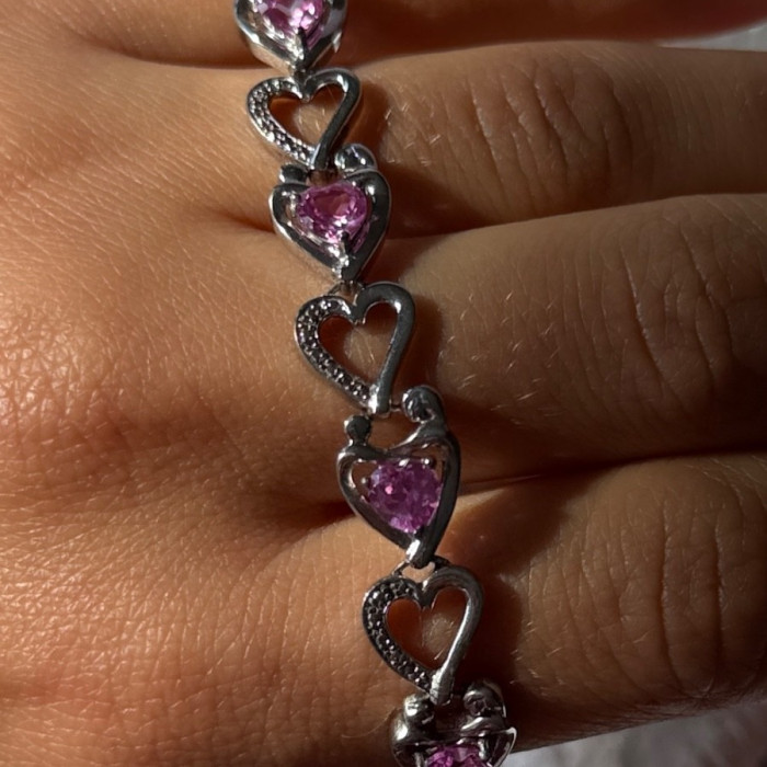 925 Sterling Silver Pink Sapphire Heart Bracelet Length 7.5