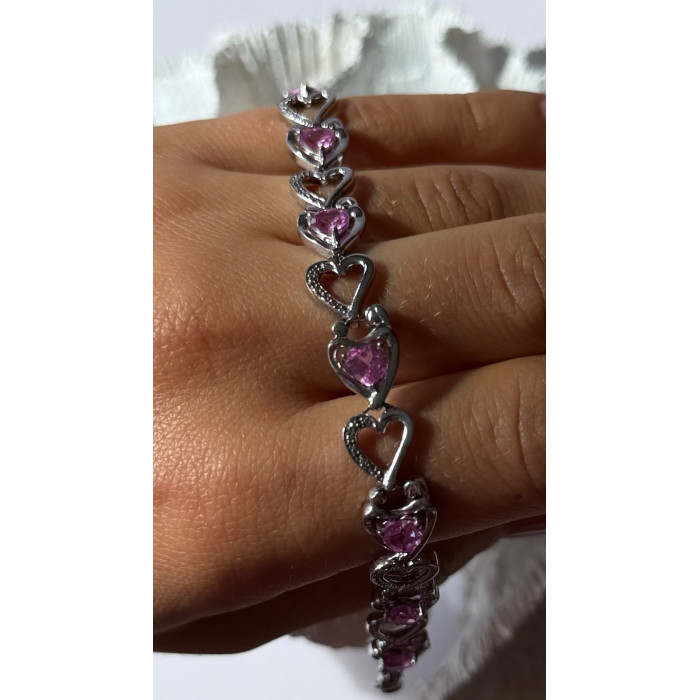 925 Sterling Silver Pink Sapphire Heart Bracelet Length 7.5
