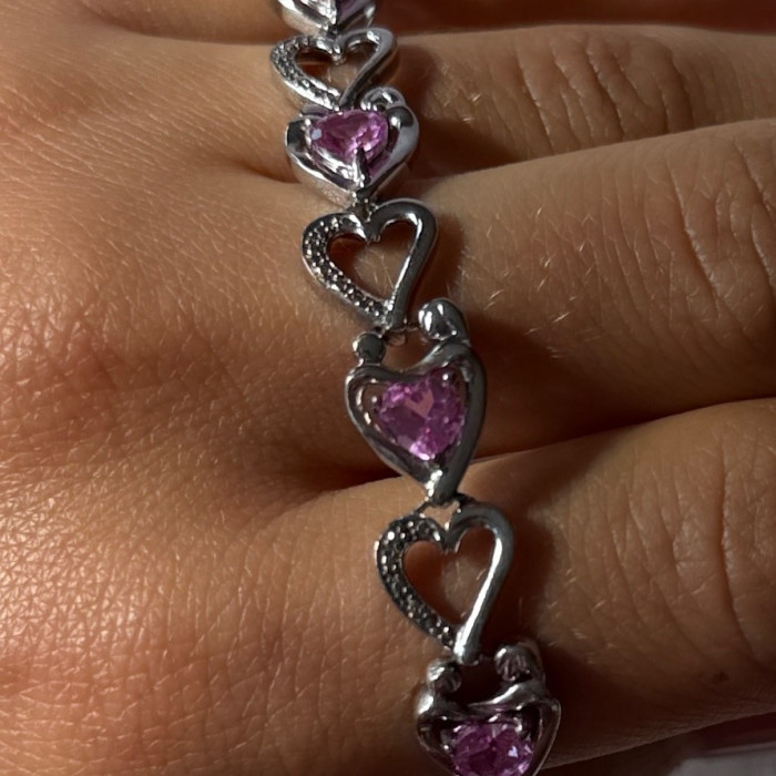 925 Sterling Silver Pink Sapphire Heart Bracelet Length 7.5